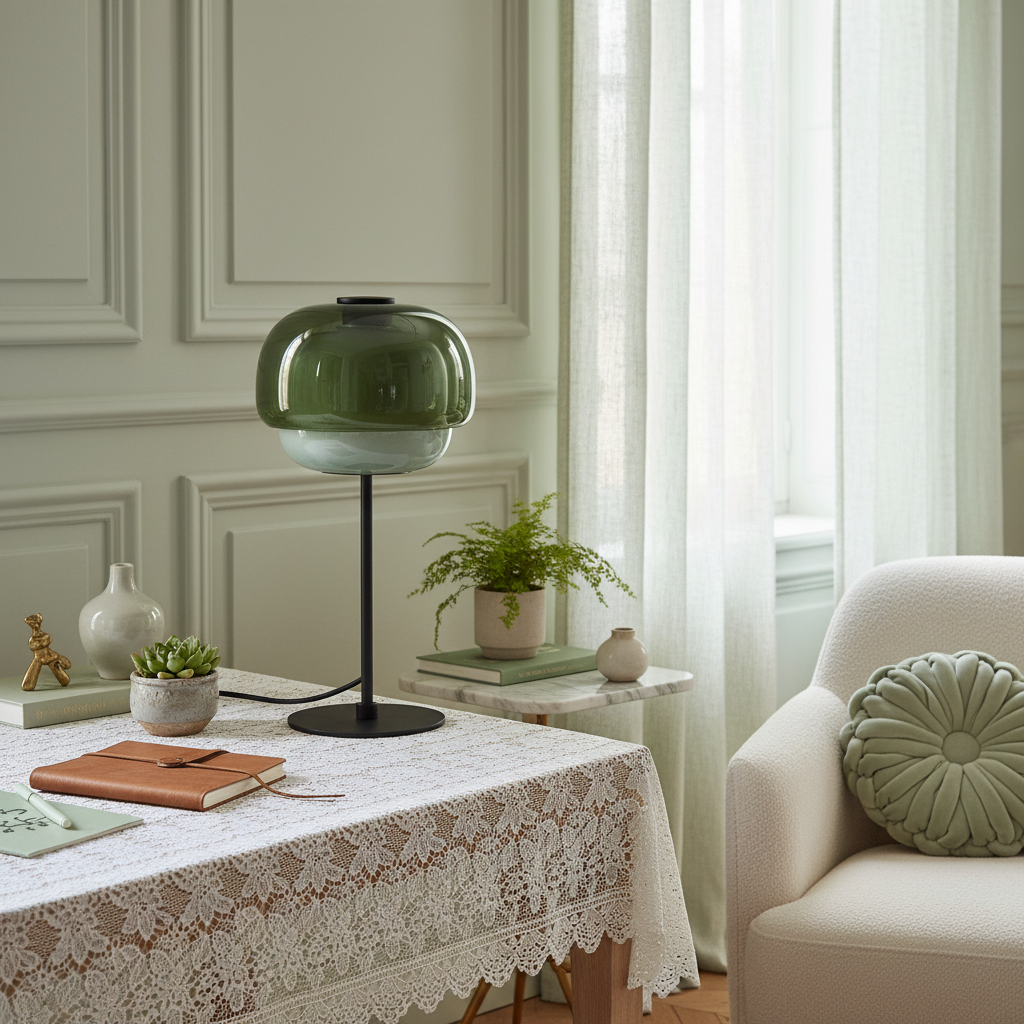 Lámpara de mesa de cristal de color Tinova – verde grisáceo sobre una mesa con mantel de encaje