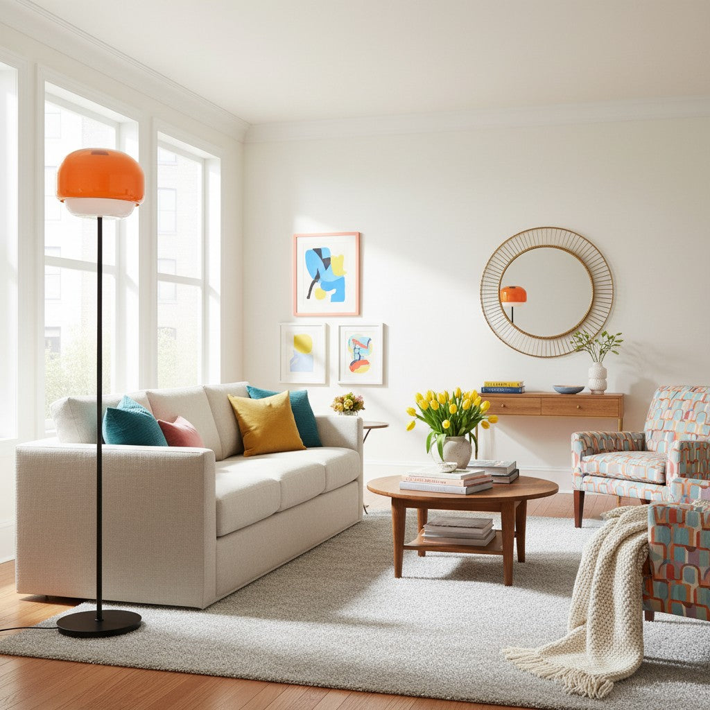 Lámpara de pie de cristal Tomira – cristal naranja en un salón
