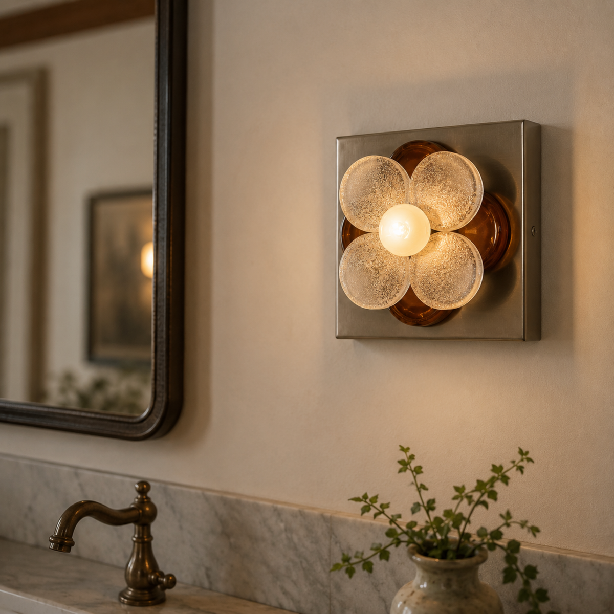 Aplique de pared Uflora flor de cristal – cristal rojo junto al espejo del baño