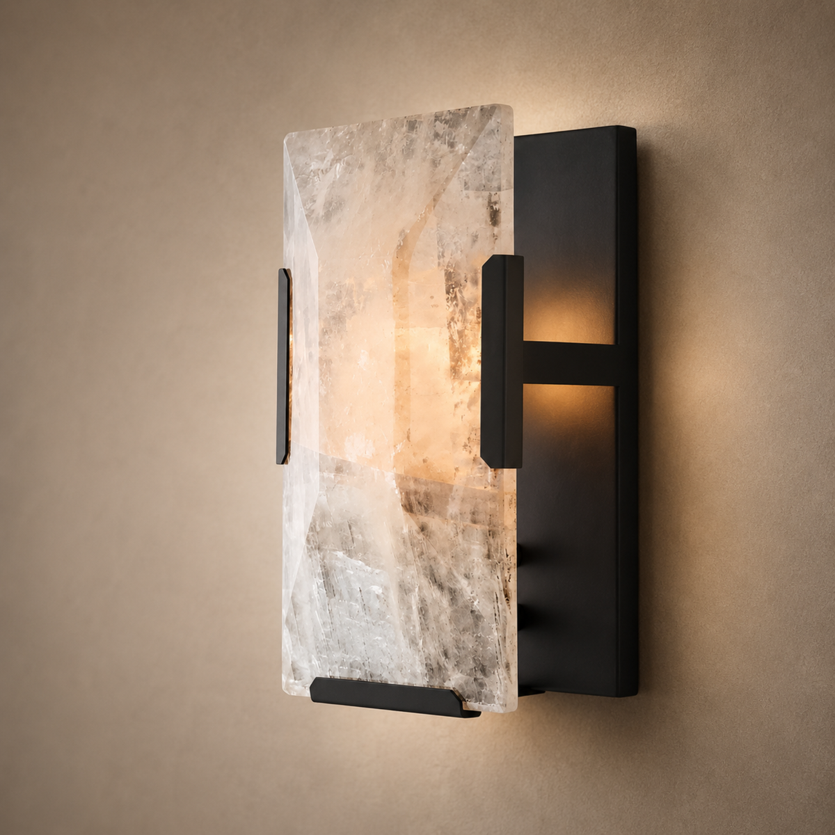 Aplique de pared de alabastro Vetalba – negro con pantalla de piedra facetada