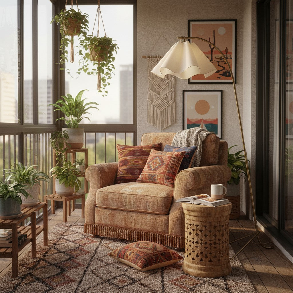 Lámpara de pie arco con pantalla ondulada de tela Flurena junto a un sillón en un rincón de lectura – imagen 4