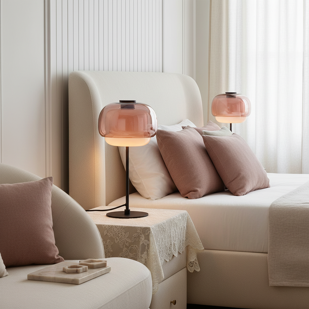 Lámpara de mesa de cristal de color Tinova – rosa en un dormitorio claro