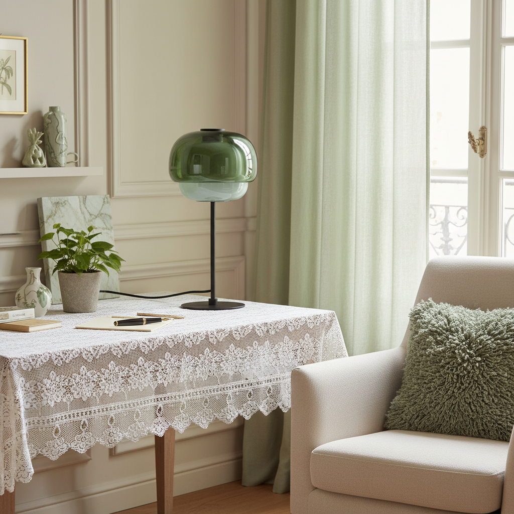 Lámpara de mesa de cristal de color Tinova – verde grisáceo en un salón luminoso