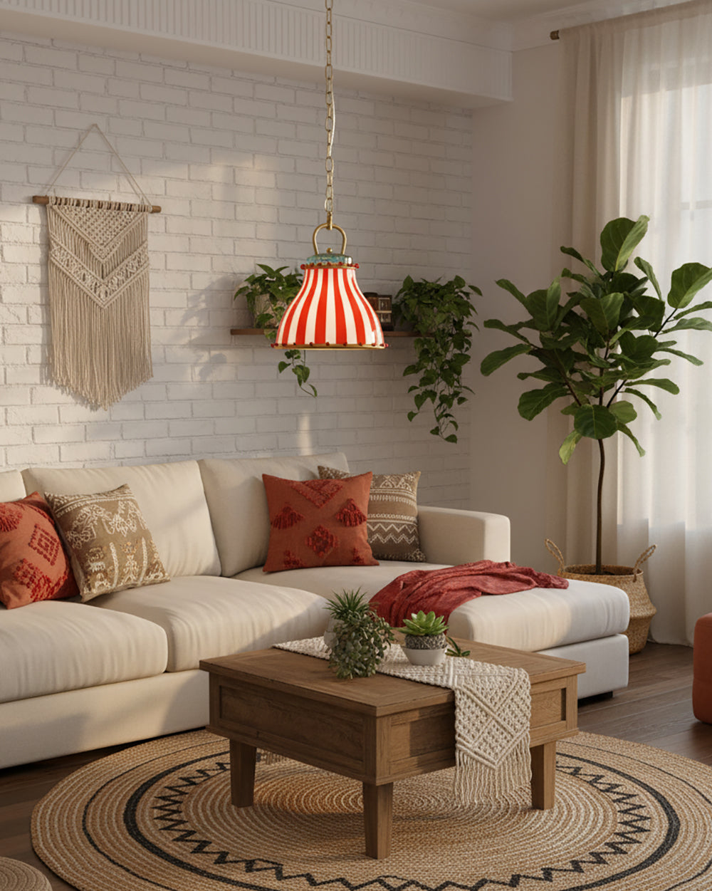 Lámpara colgante de cristal a rayas Feriana – en un salón bohemio