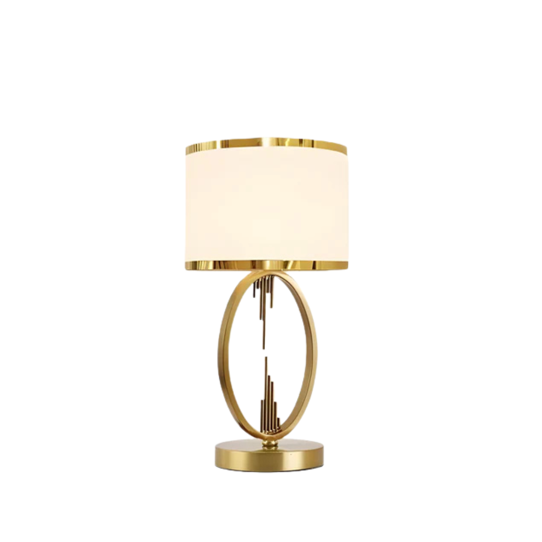 Lámpara de mesa Ianela con aro dorado – pantalla blanca con doble ribete dorado