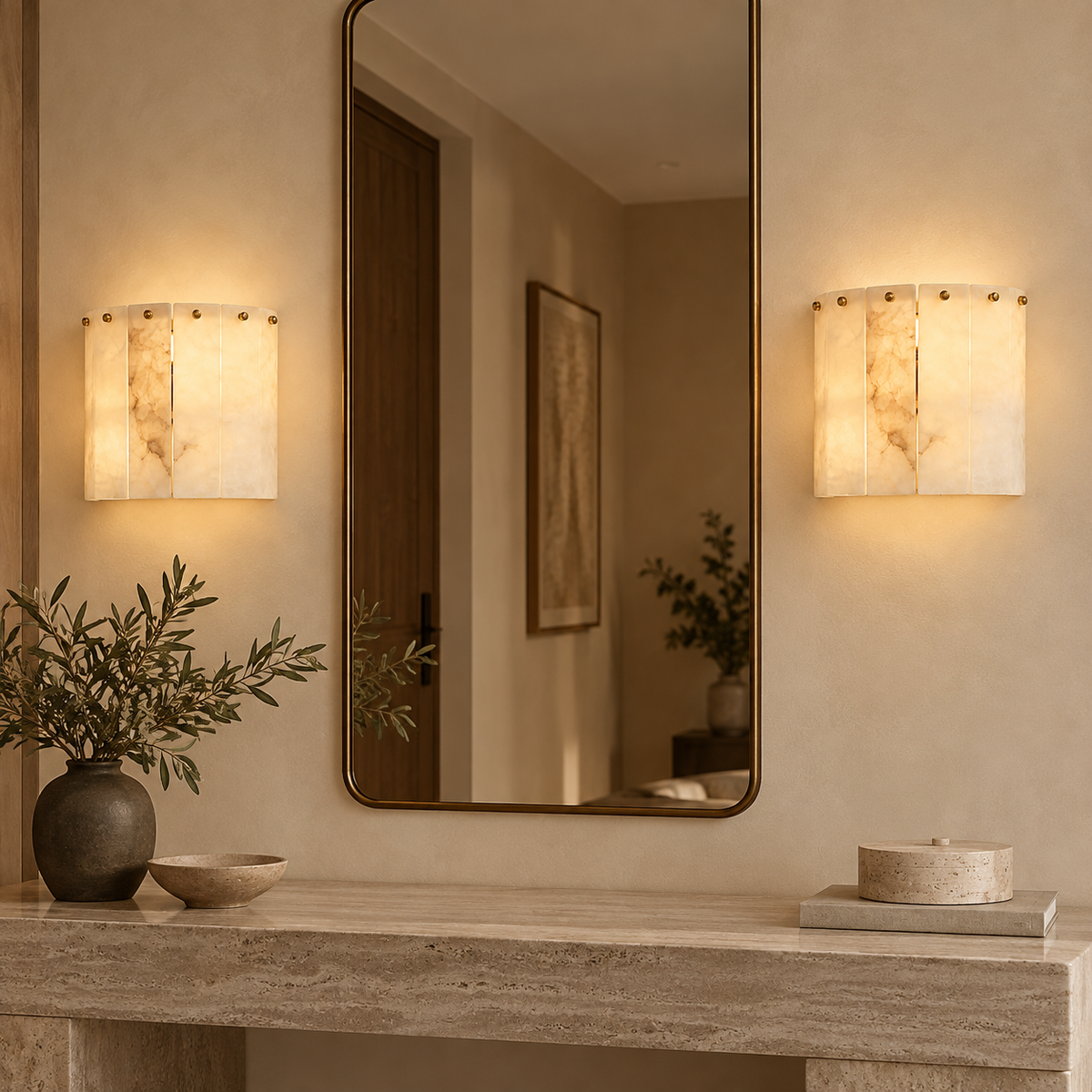 Aplique de pared de mármol natural Zarmora – pareja de apliques junto a un espejo