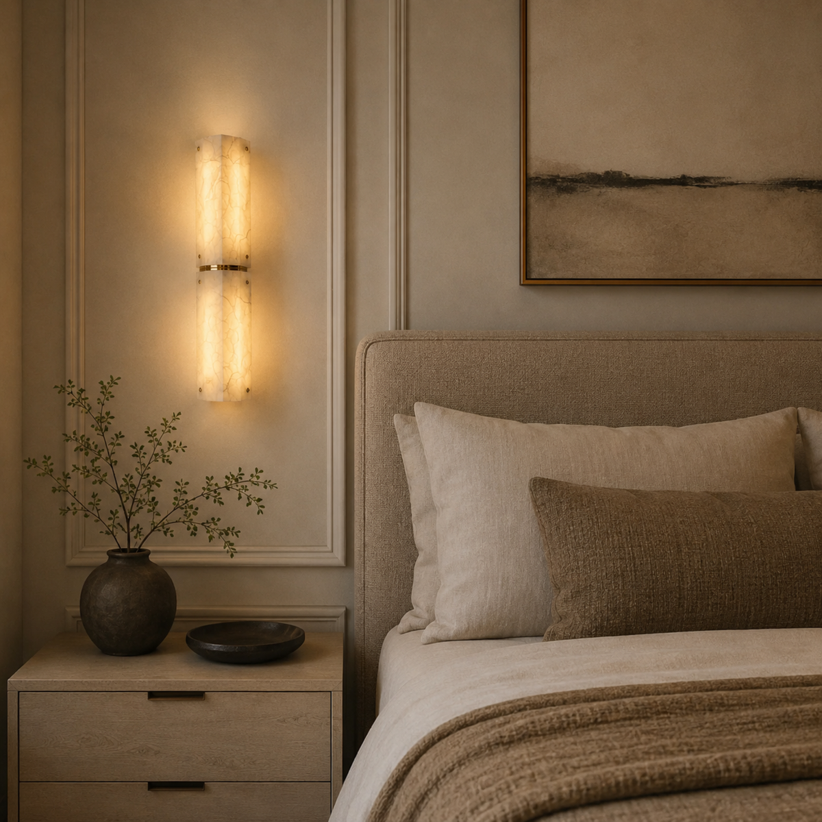 Aplique de pared Yesmira de mármol natural – modelo doble junto a la cama