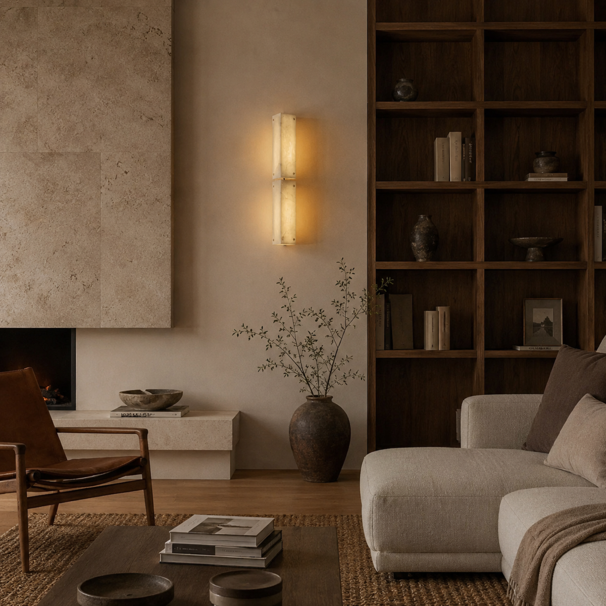 Aplique de pared Yesmira de mármol natural – modelo doble en un salón