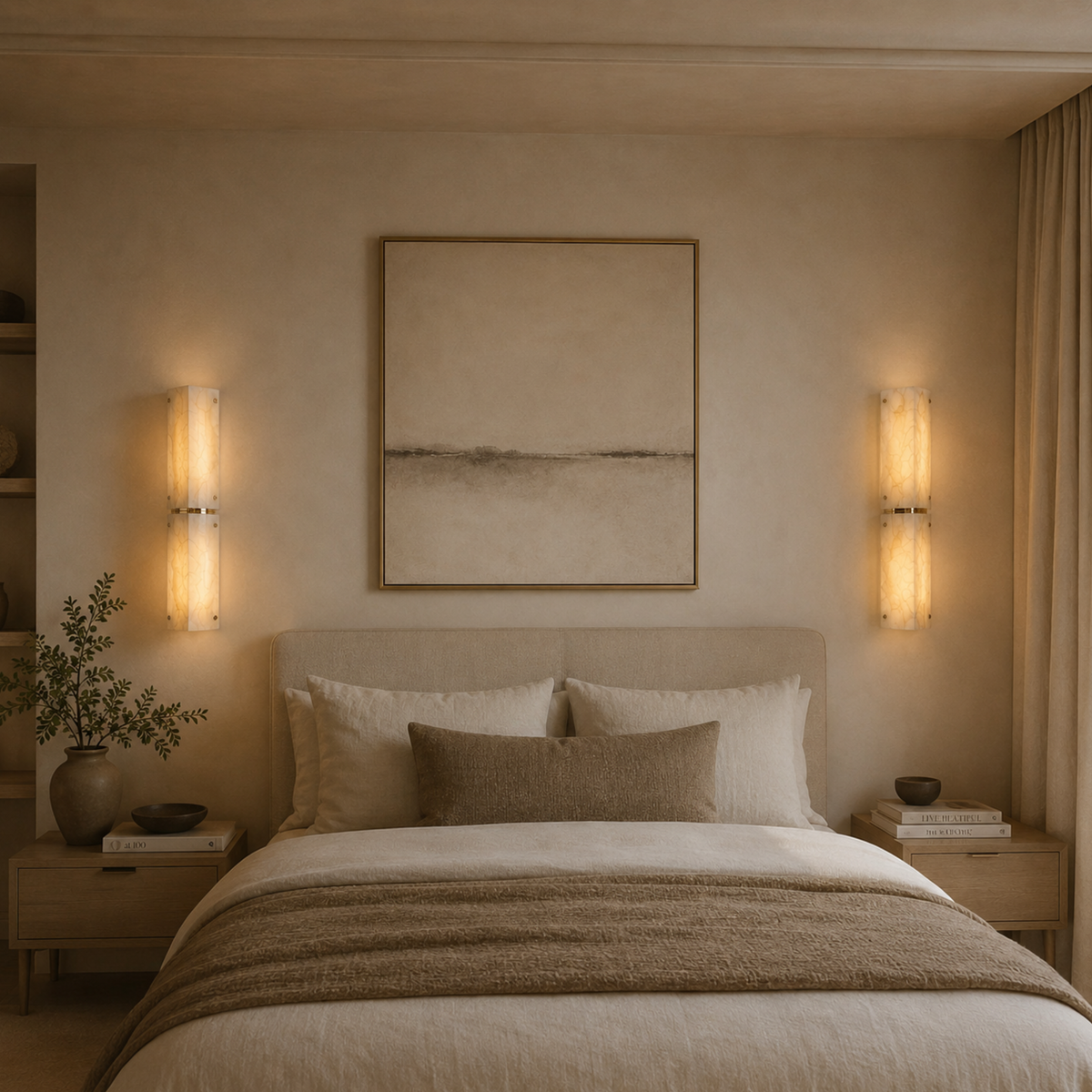Aplique de pared Yesmira de mármol natural – pareja de apliques dobles en un dormitorio