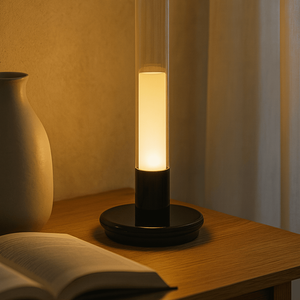 Lámpara de mesa vela recargable Flamela – encendida junto a un libro