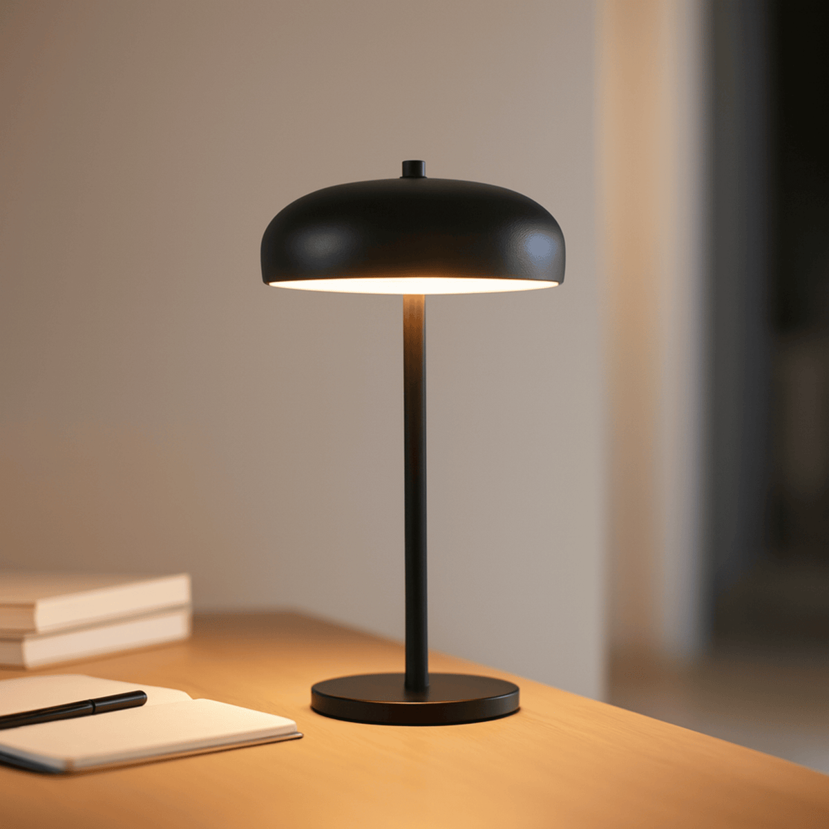 Lámpara de mesa inalámbrica recargable Sombreta – negra encendida sobre un escritorio