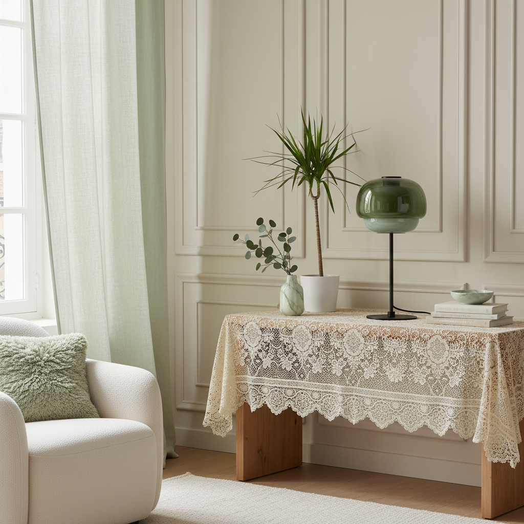 Lámpara de mesa de cristal de color Tinova – verde grisáceo junto a una planta