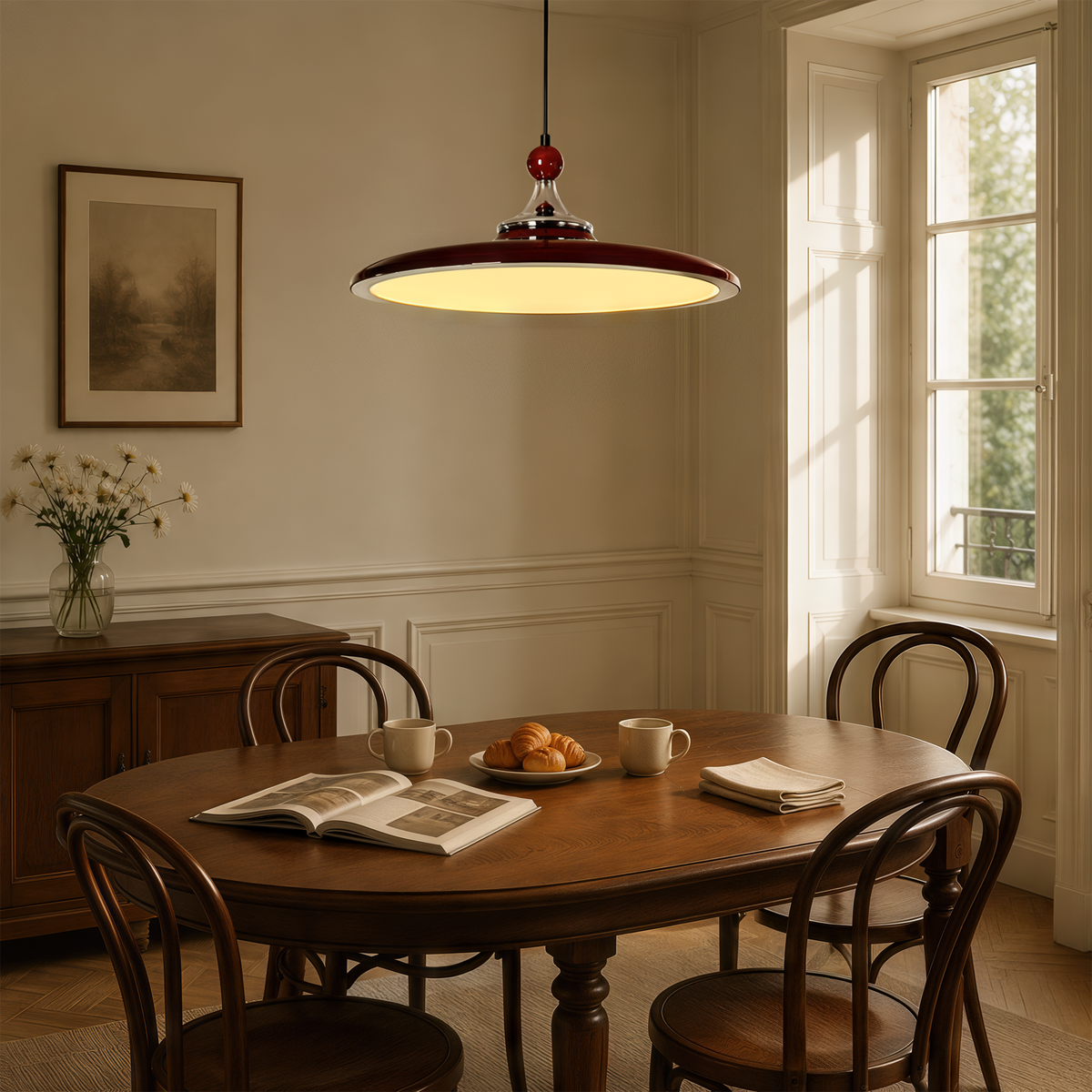 Lámpara colgante roja Carmesa – en un comedor clásico