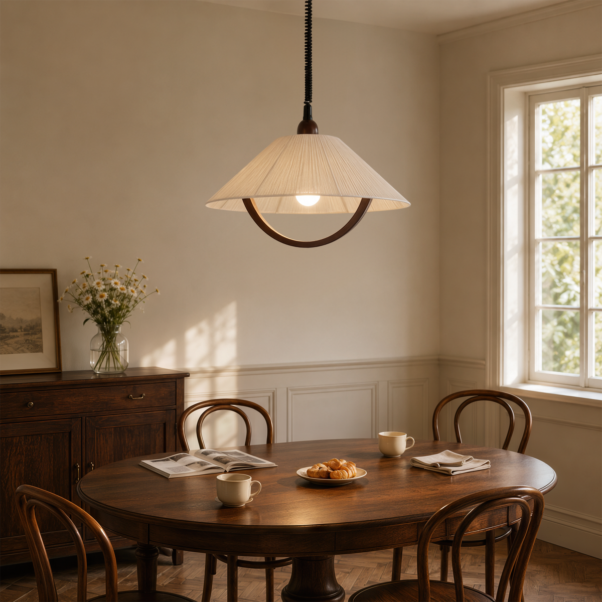 Lámpara colgante de cordón de algodón y madera Arcoya sobre una mesa de comedor redonda – imagen 13