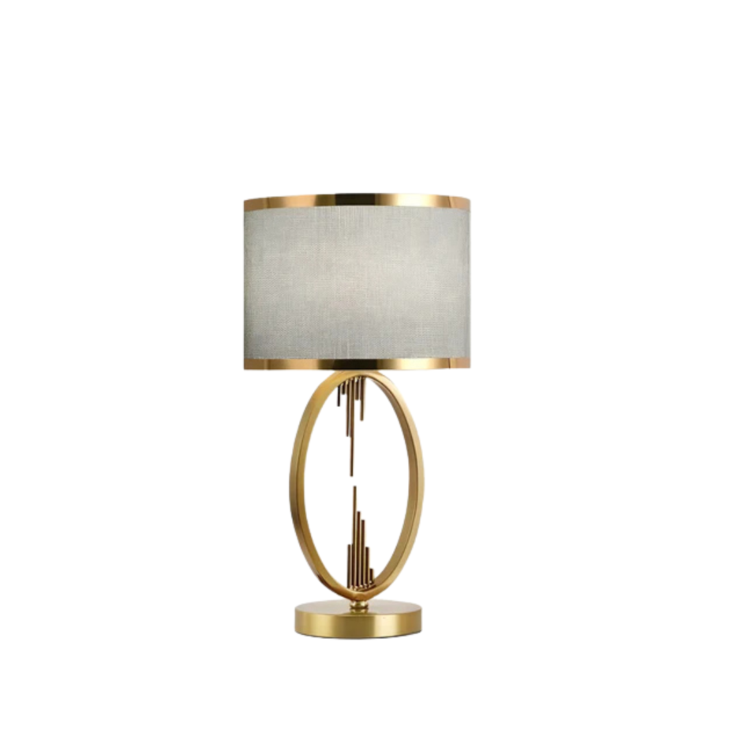 Lámpara de mesa Ianela con aro dorado – pantalla gris con doble ribete dorado