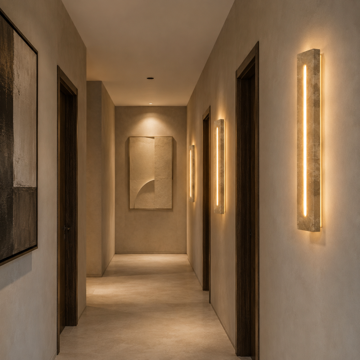 Aplique de pared exterior Urcalia de travertino – en un pasillo de estilo cálido