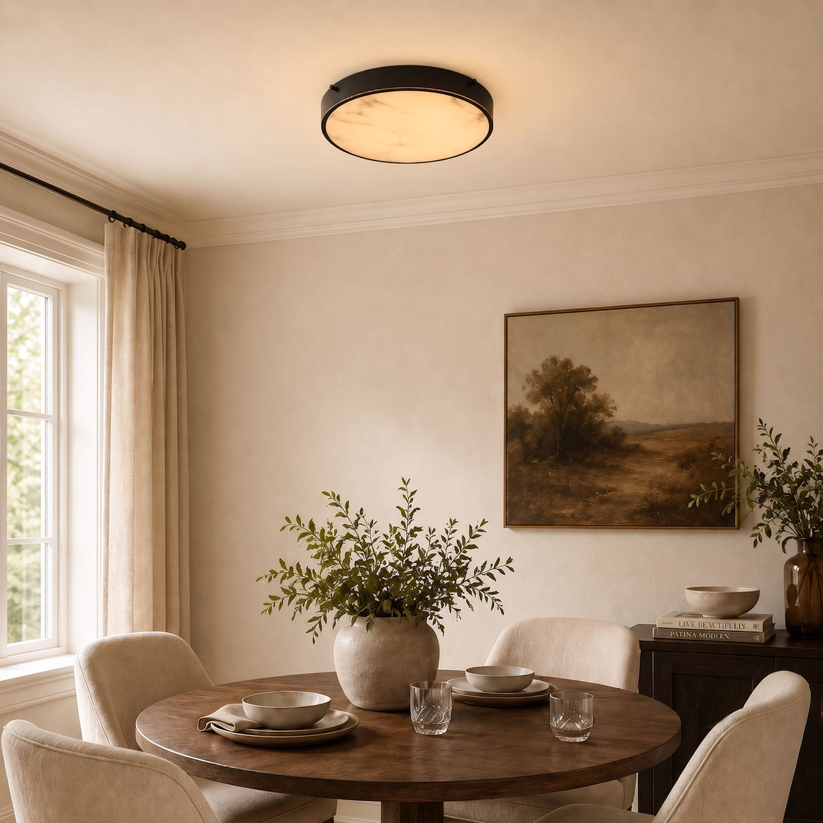 Plafón LED efecto alabastro Calcira – negro sobre un comedor