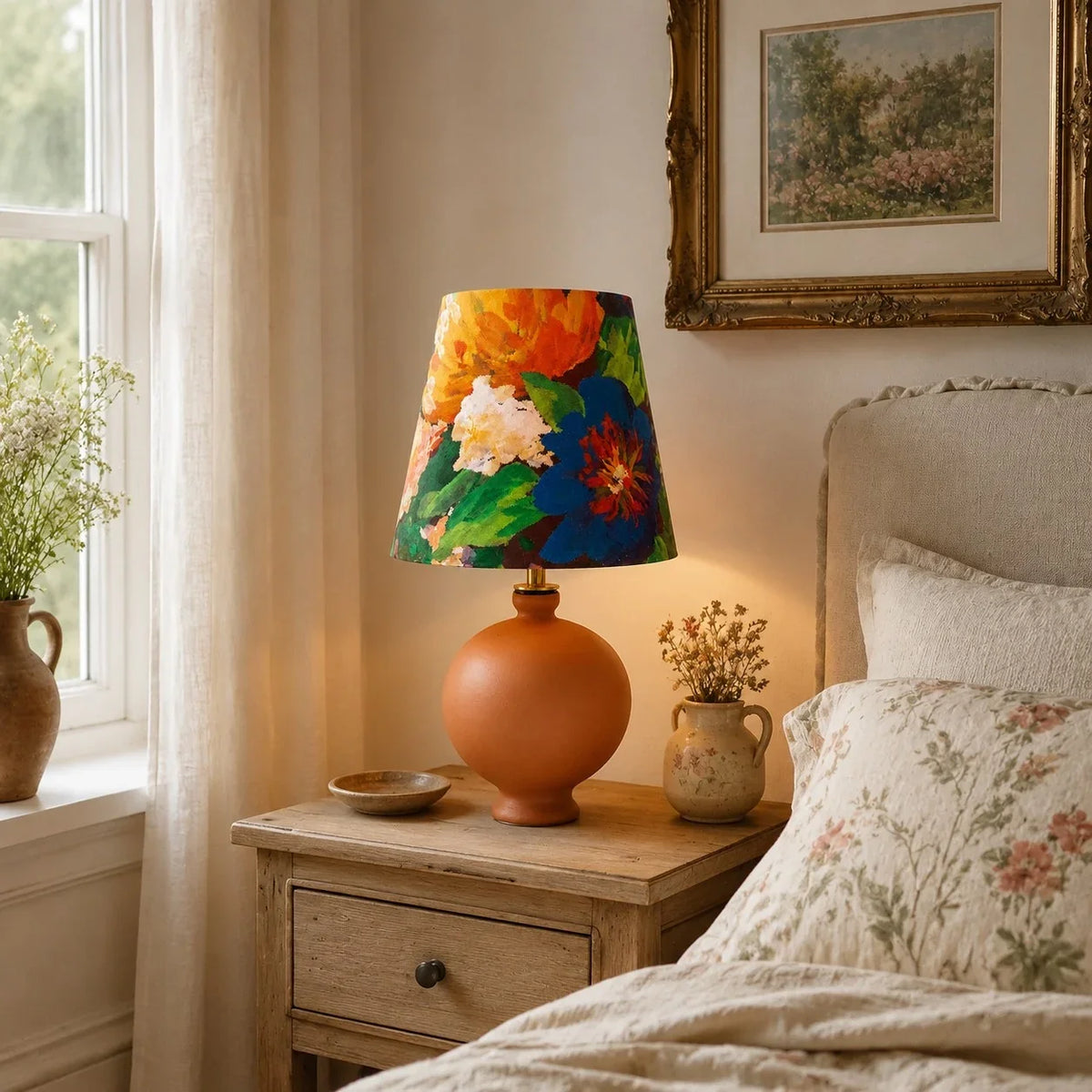 Lámpara de mesa de cerámica Vergela – con pantalla floral naranja en una mesita de noche