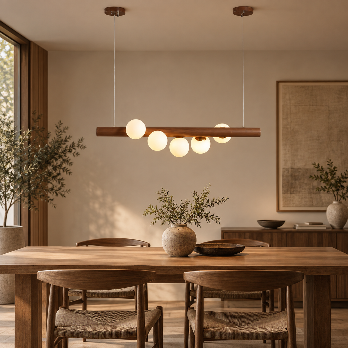 Lámpara colgante lineal de madera Galbana – en madera oscura con 5 luces sobre una mesa de comedor