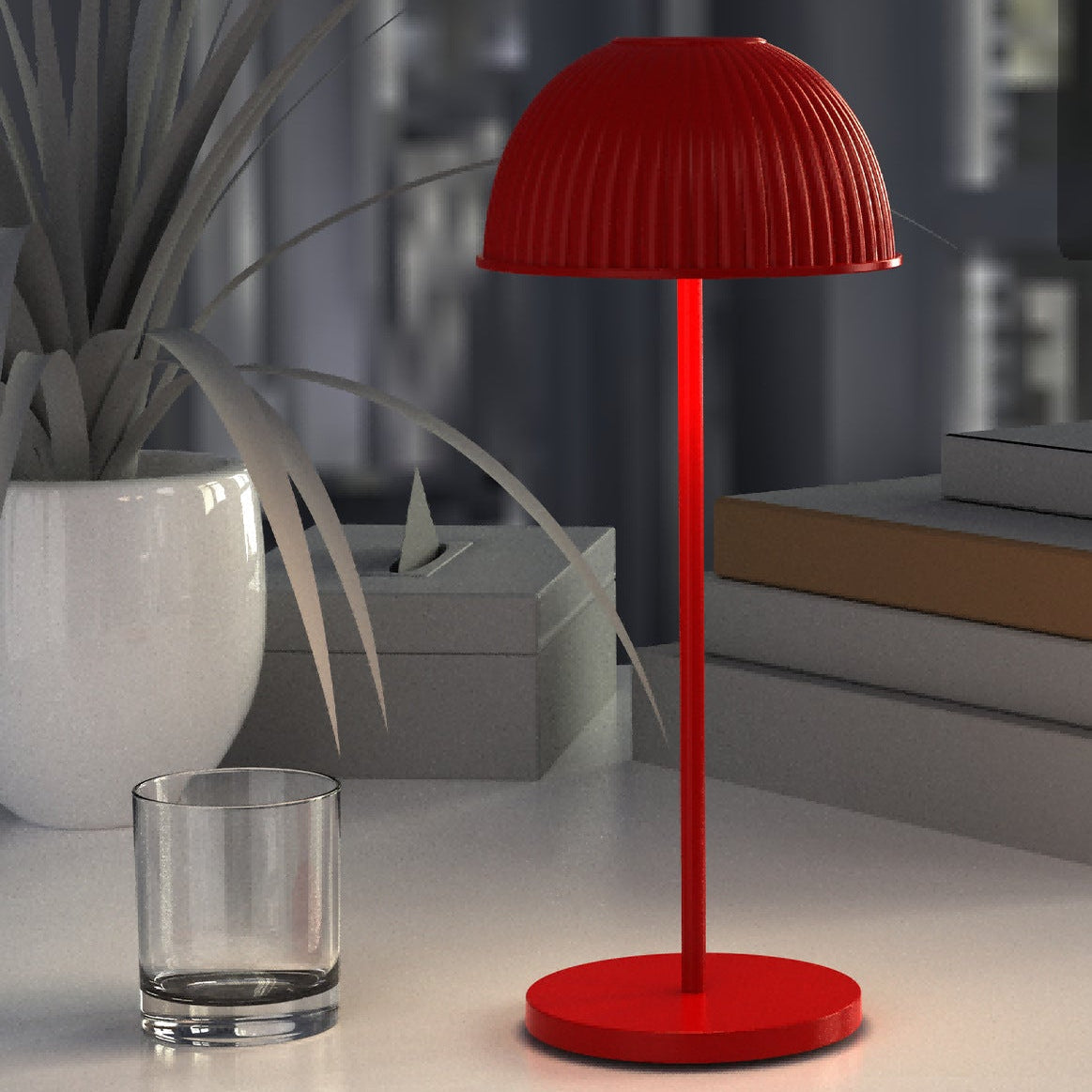 Lámpara de mesa inalámbrica con cúpula acanalada Quelina en un salón moderno – imagen 12