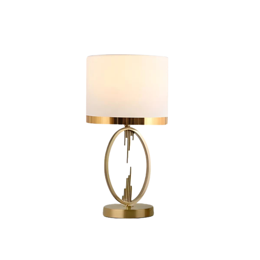 Lámpara de mesa Ianela con aro dorado – pantalla blanca con ribete dorado