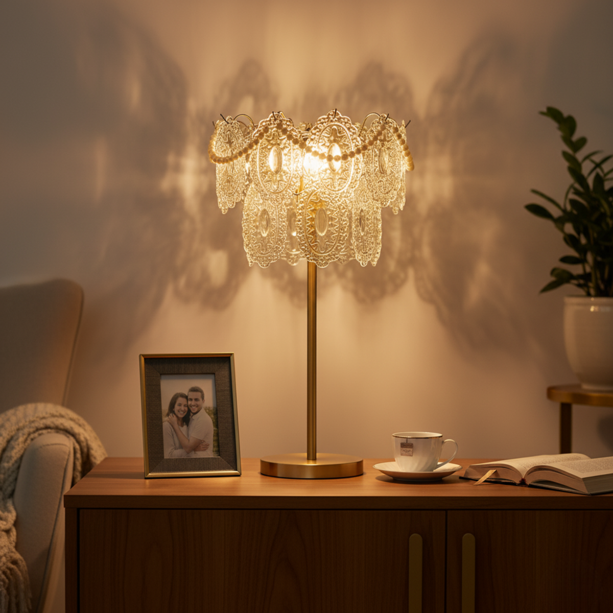 Lámpara de mesa Jalustra de cristal tallado y pie dorado – reflejos de luz en la pared