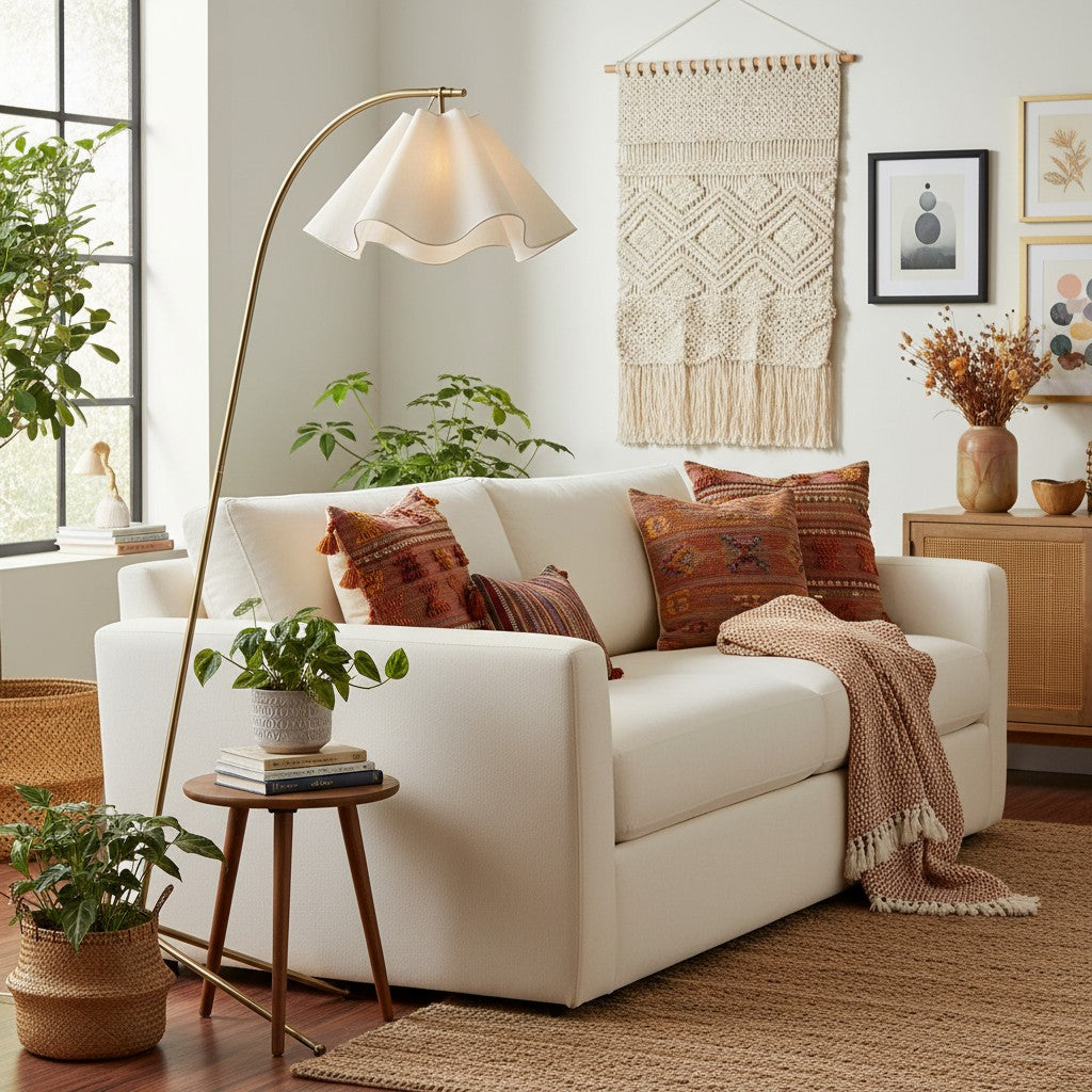 Lámpara de pie arco con pantalla ondulada de tela Flurena junto a un sillón en un rincón de lectura – imagen 9