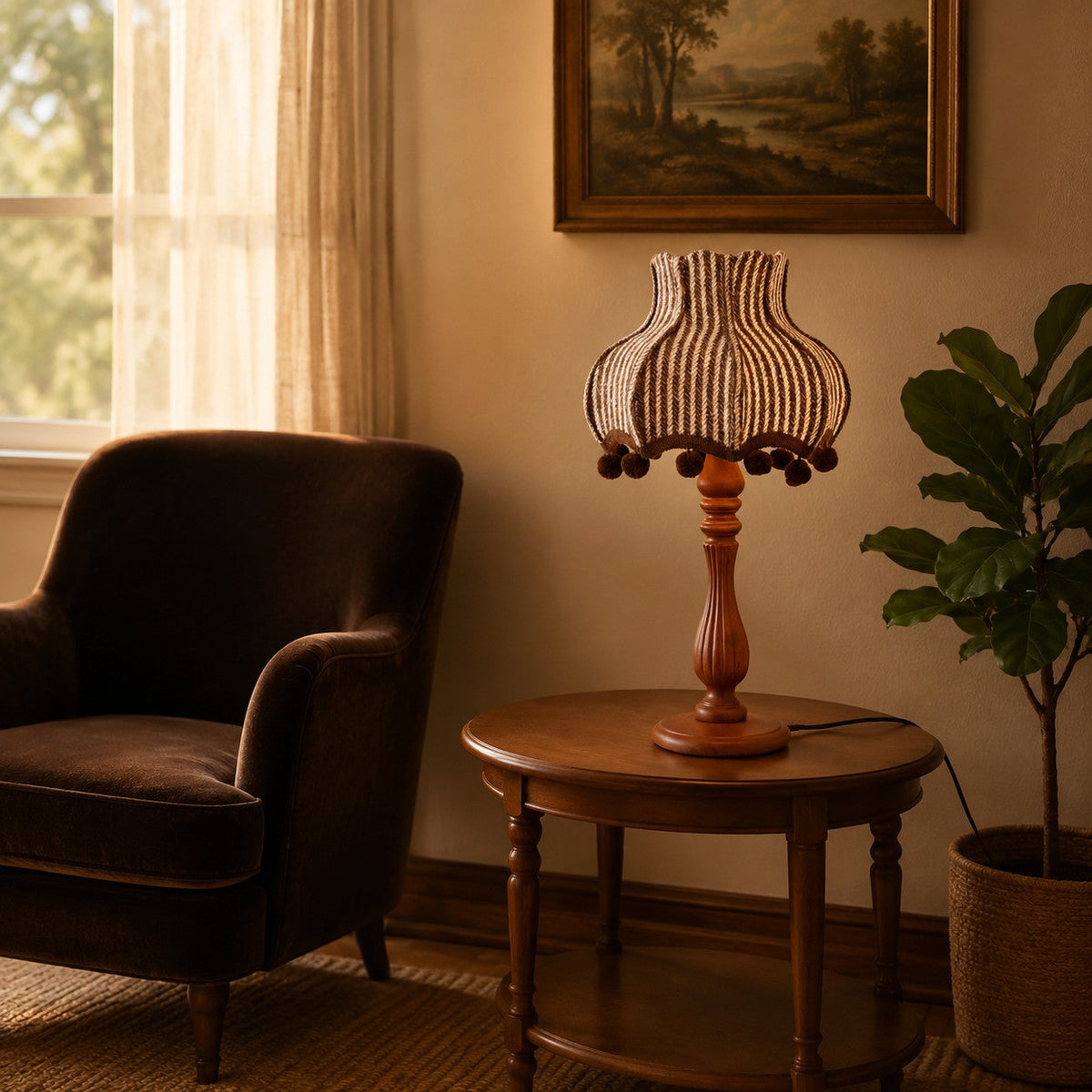 Lámpara de mesa vintage Tricela – junto a un sillón de lectura