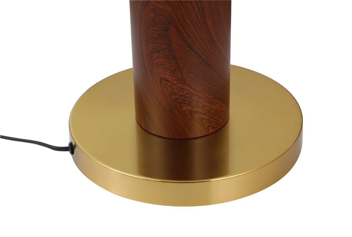 Lámpara de pie japandi Heranda – detalle de la base efecto madera y el disco dorado