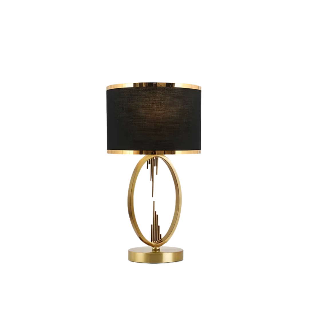 Lámpara de mesa Ianela con aro dorado – pantalla negra con doble ribete dorado