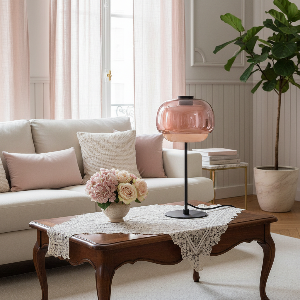Lámpara de mesa de cristal de color Tinova – rosa junto a un sofá blanco