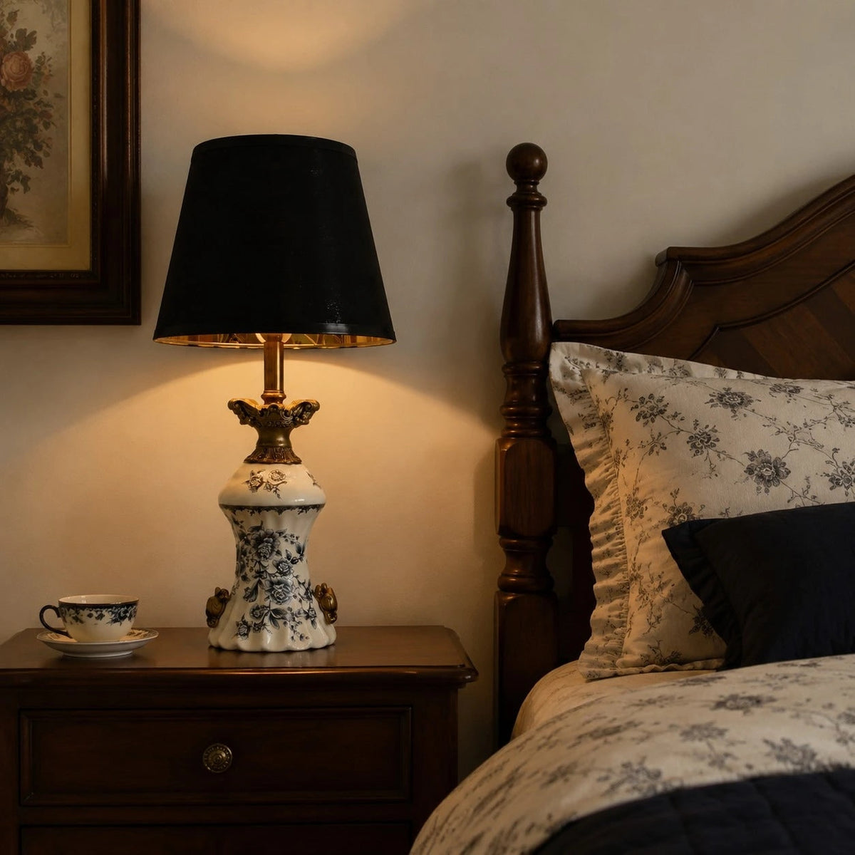 Lámpara de mesa de cerámica Sevrina – con motivo azul porcelana junto a una cama de madera