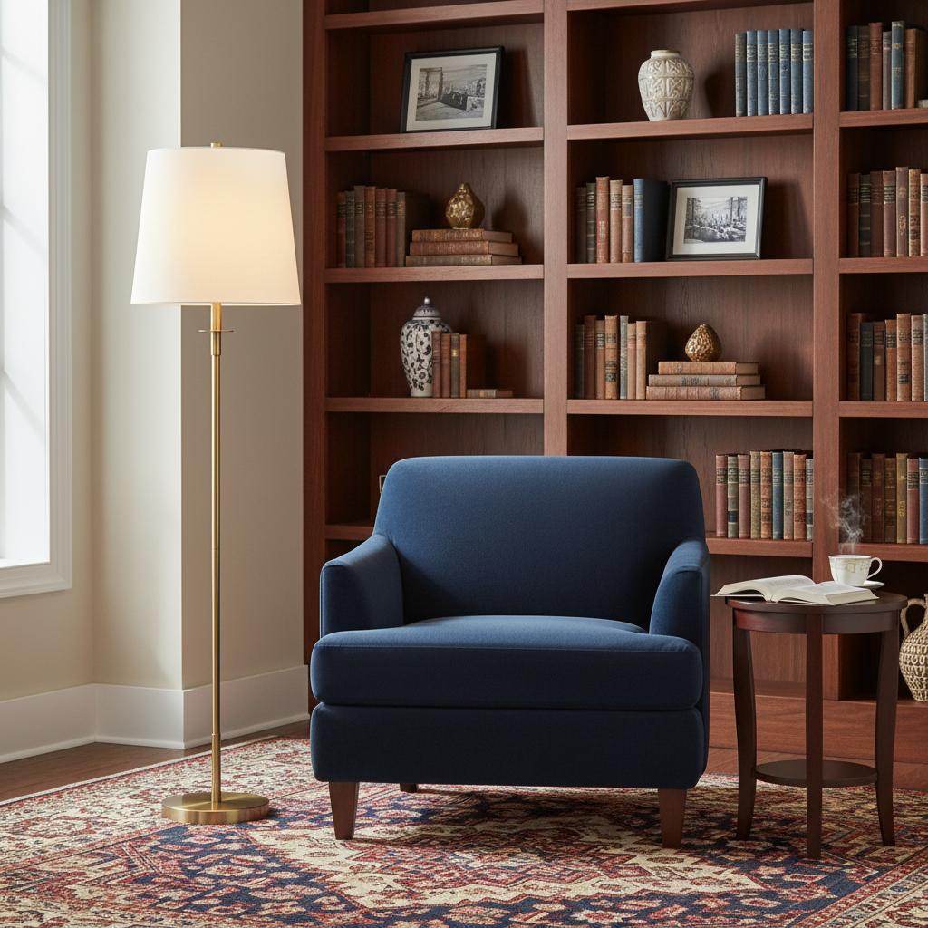 Lámpara de pie clásica con pantalla de lino Ilvira – junto a una librería y un sillón azul