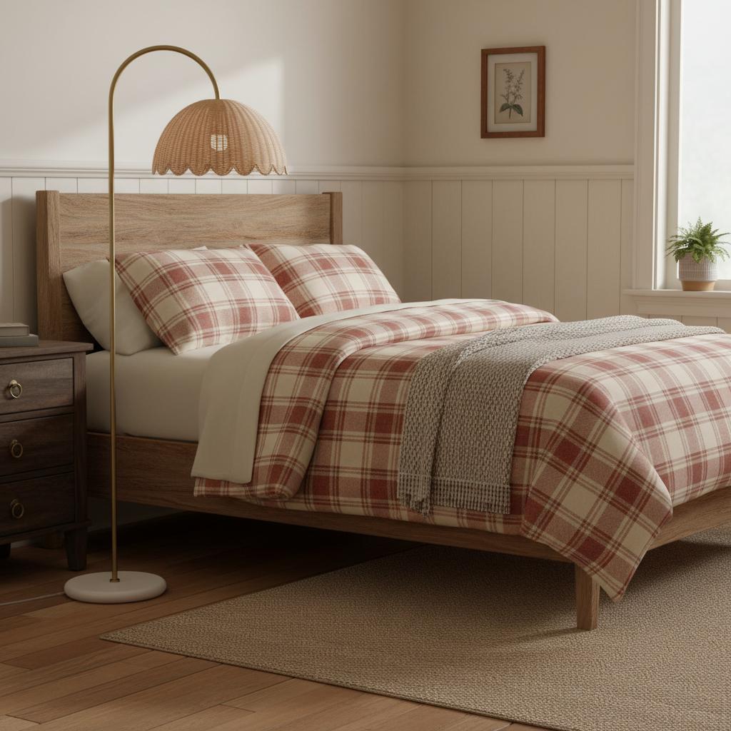 Lámpara de pie de arco con pantalla de ratán Tejida – junto a una cama con colcha de cuadros