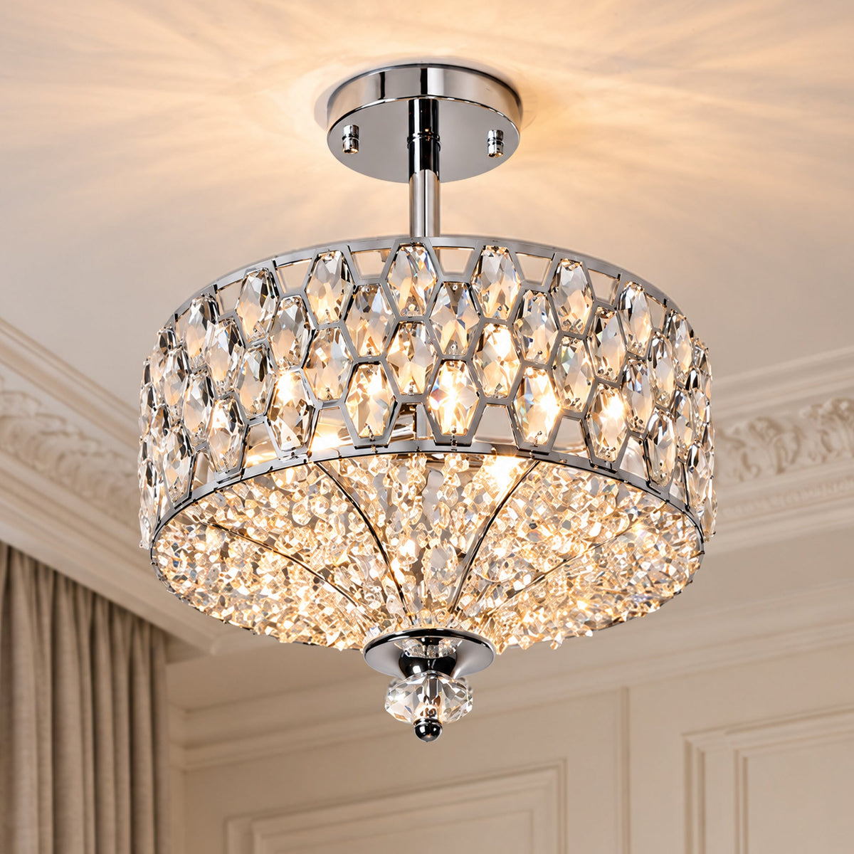 Lámpara de techo de cristal Brillara – en cromo encendida