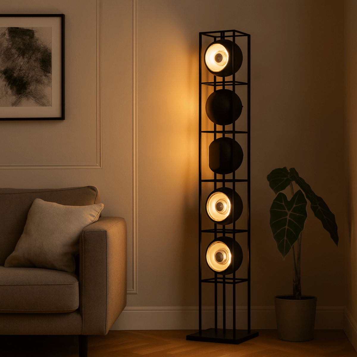 Lámpara de pie torre Urcina con esferas de luz – vista principal
