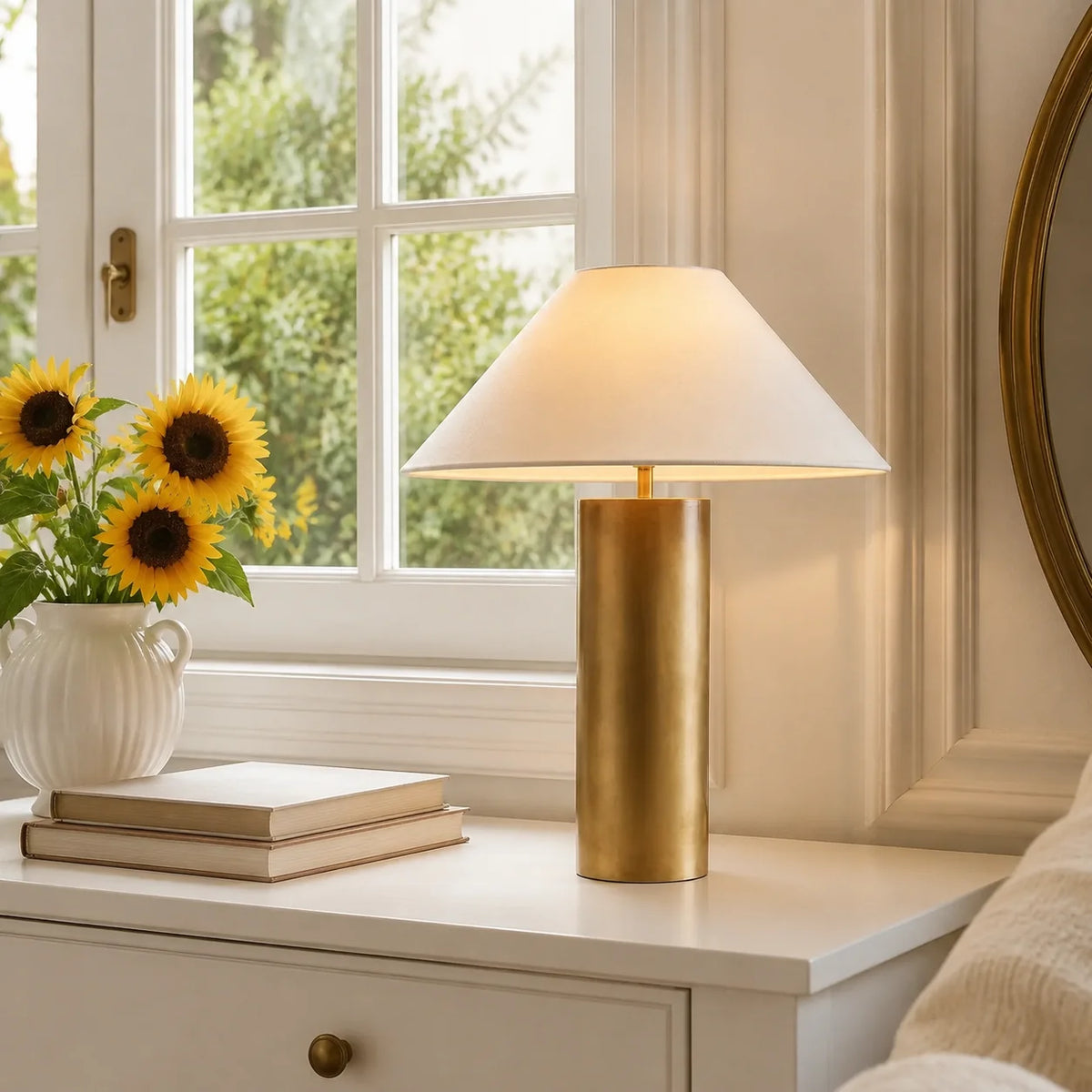 Lámpara de mesa dorada Dorasol en un salón luminoso – imagen 7