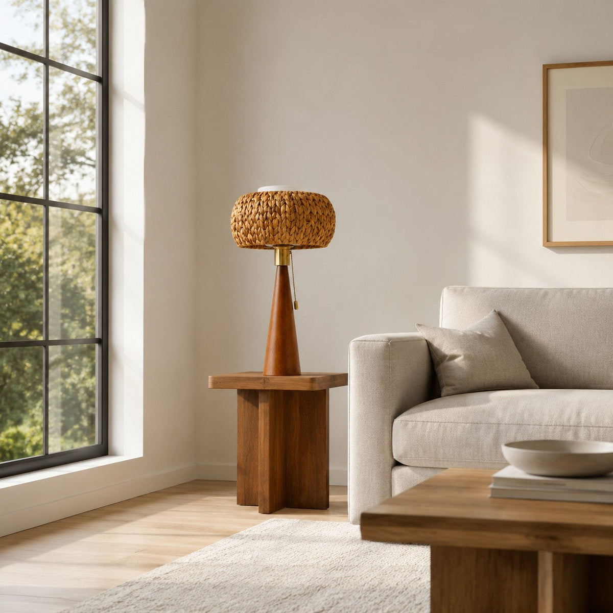 Lámpara de mesa de madera y fibra Trenzola – sobre una mesa auxiliar junto al sofá