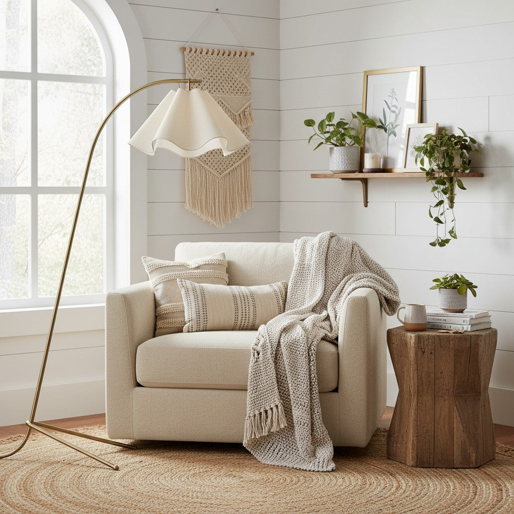 Lámpara de pie arco con pantalla ondulada de tela Flurena junto a un sillón en un rincón de lectura – imagen 8