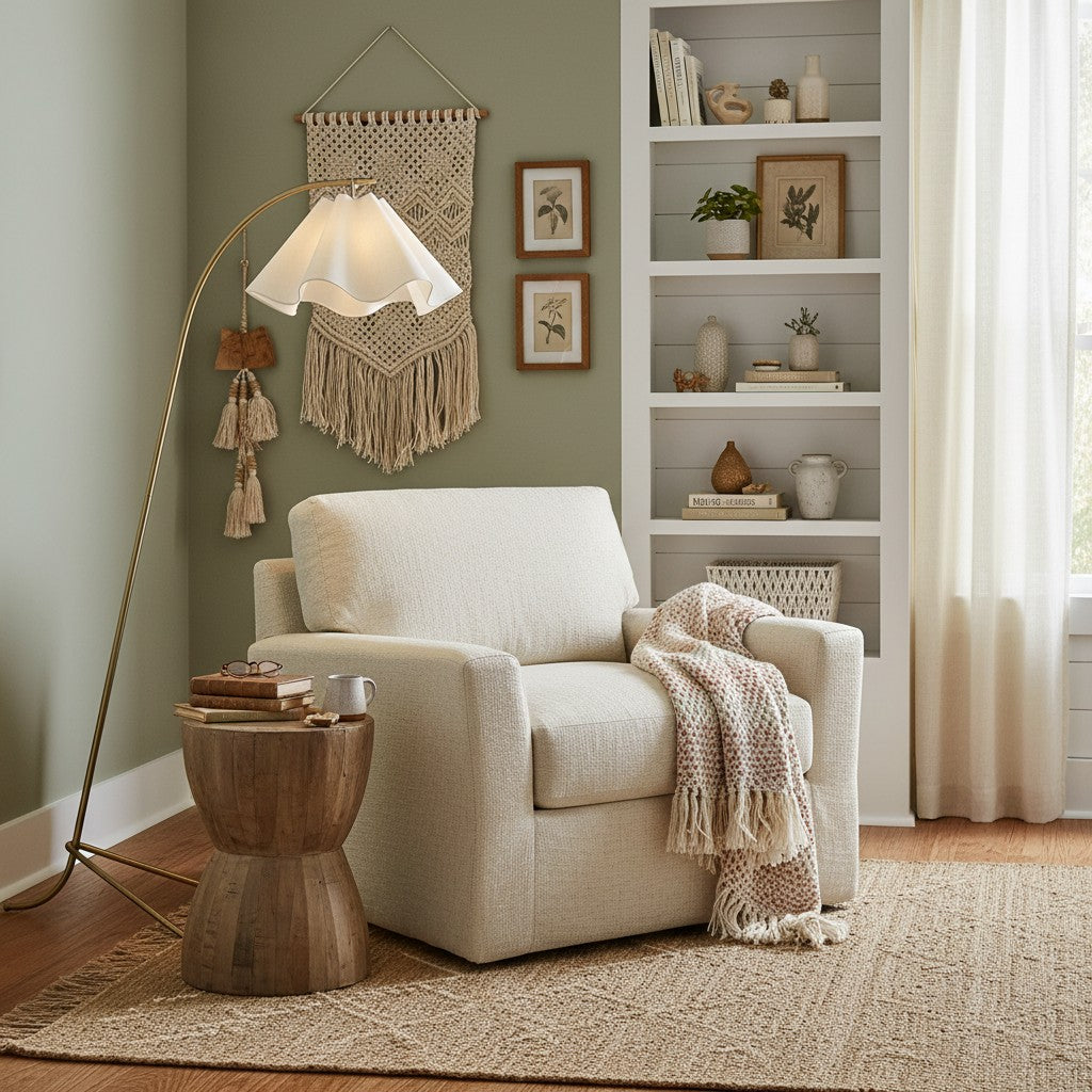 Lámpara de pie arco con pantalla ondulada de tela Flurena junto a un sillón en un rincón de lectura – imagen 3
