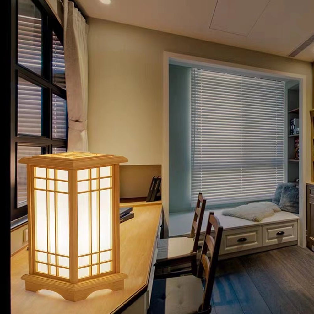 Lámpara de mesa farol japonés Lotami en un dormitorio de estilo japandi – imagen 3