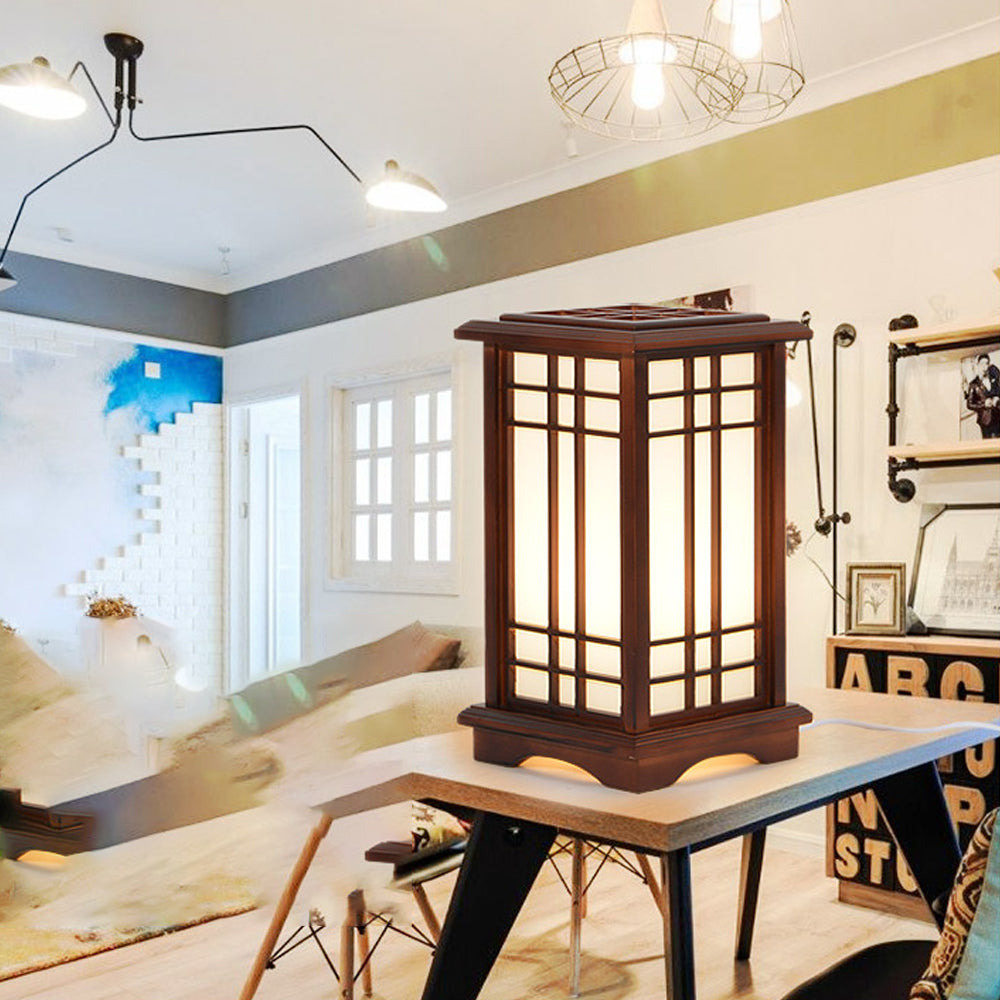 Lámpara de mesa farol japonés Lotami en un dormitorio de estilo japandi – imagen 9