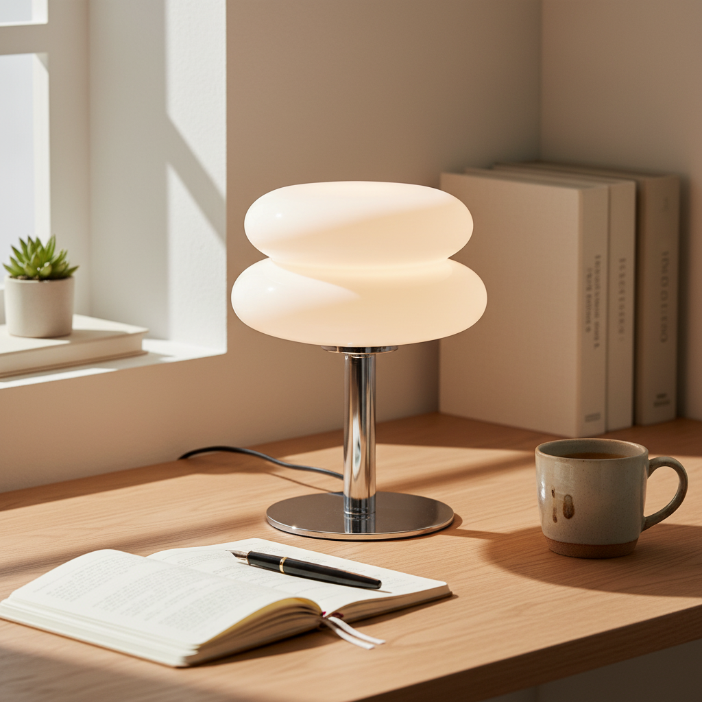 Lámpara de mesa Bauhaus Dulcela en un salón luminoso – imagen 10