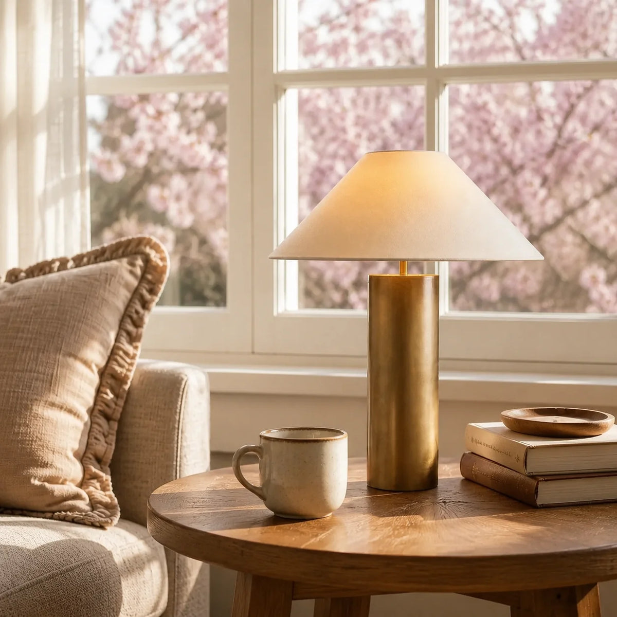 Lámpara de mesa dorada Dorasol en un salón luminoso – imagen 11