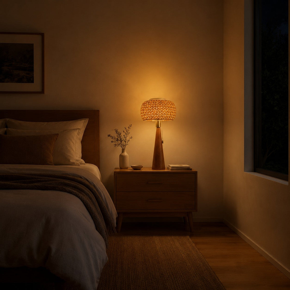 Lámpara de mesa de madera y fibra Trenzola – encendida en una mesita de noche