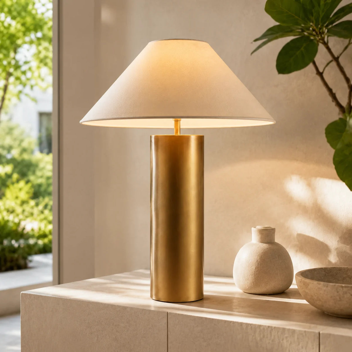 Lámpara de mesa dorada Dorasol en un salón luminoso – imagen 9