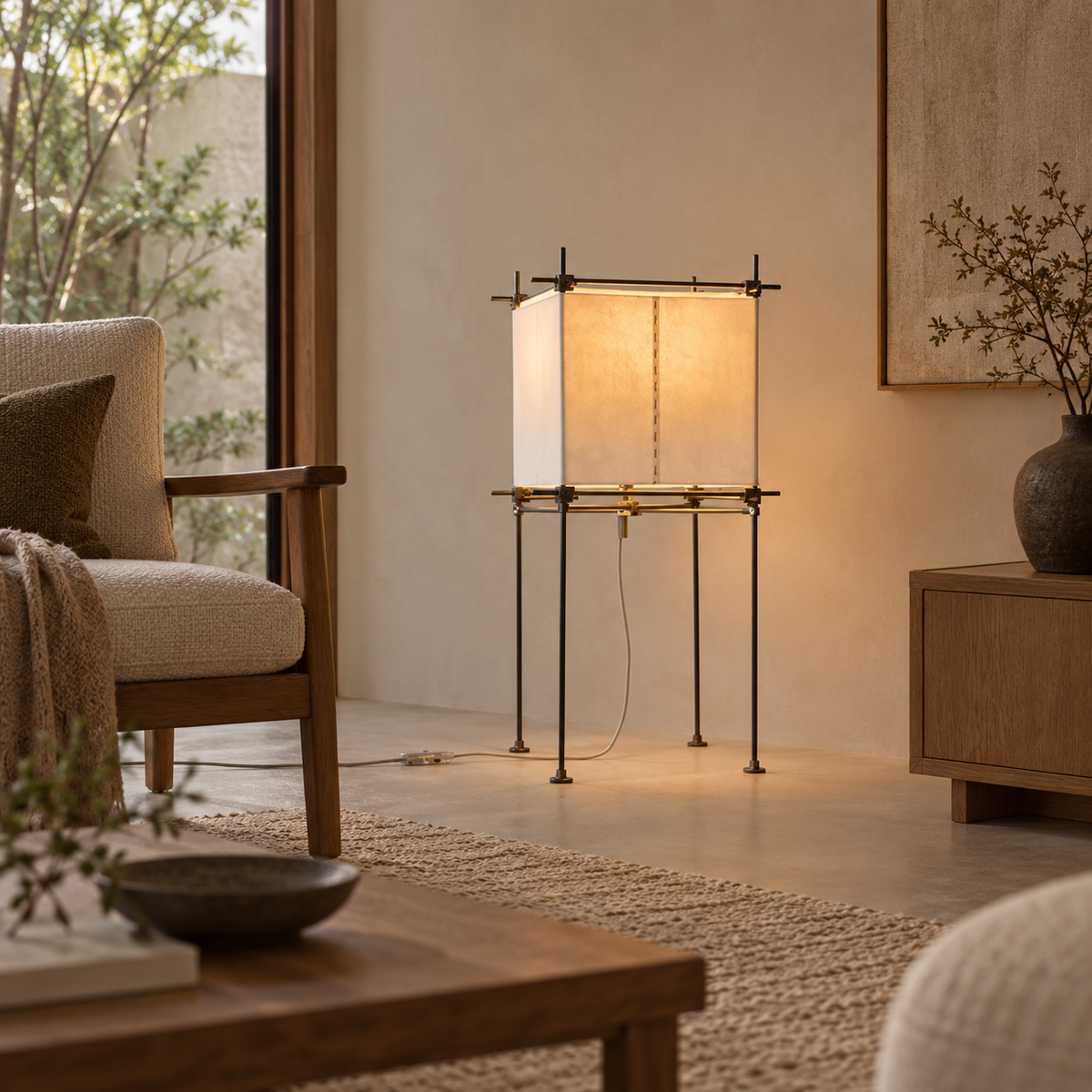Lámpara de pie de pergamino Pazela en un salón de estilo japandi – imagen 6