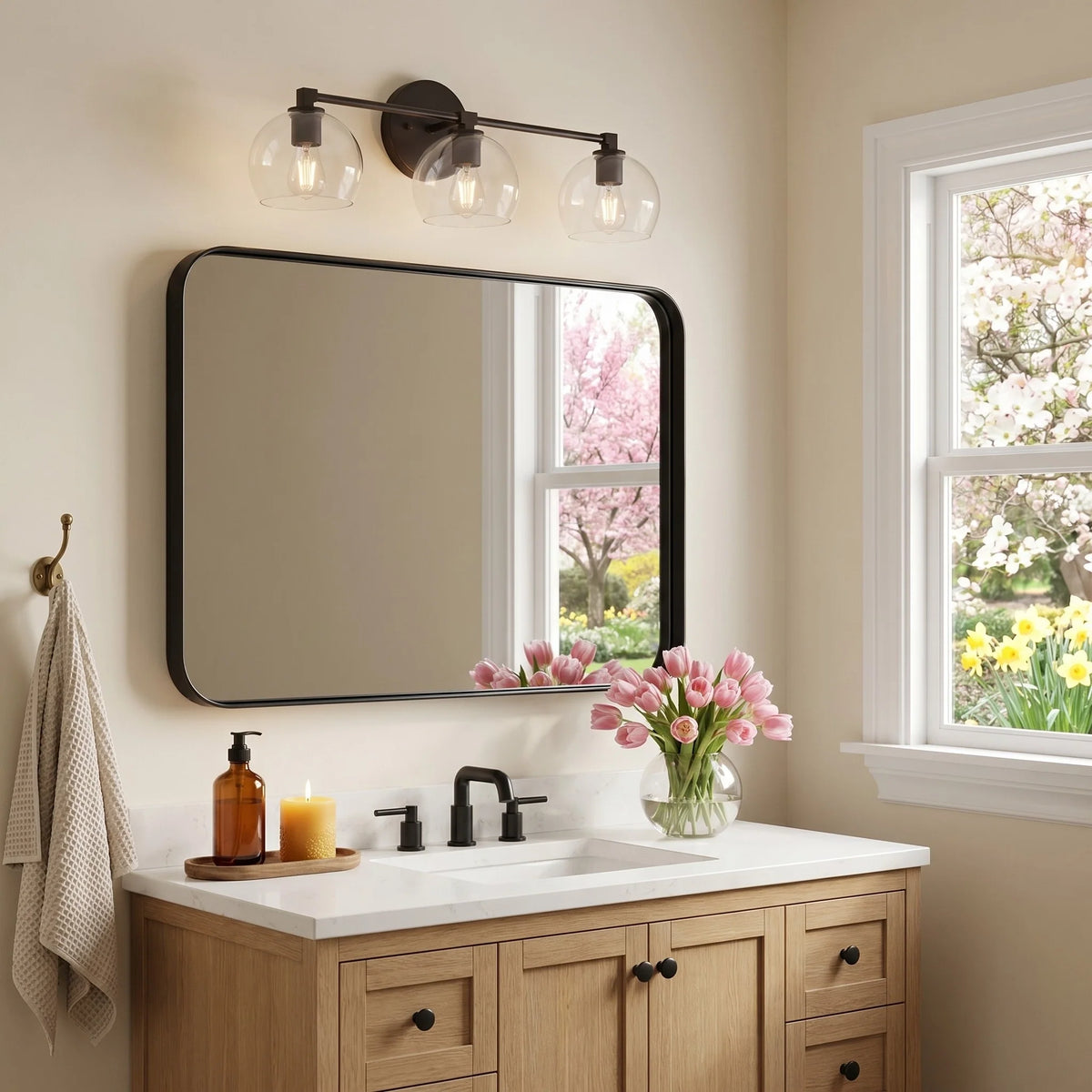 Aplique de pared con globos de cristal Valdina en un baño luminoso – imagen 20