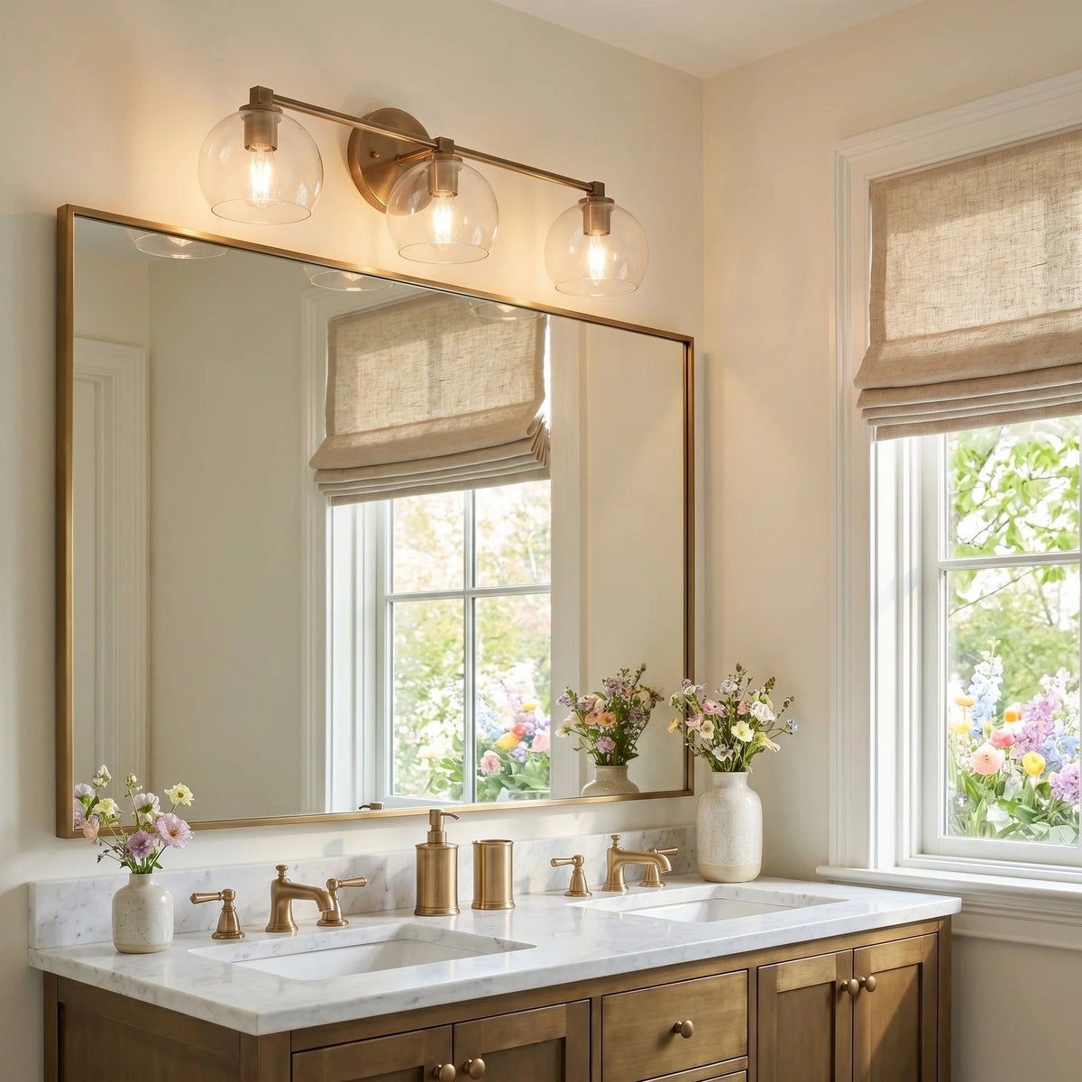 Aplique de pared con globos de cristal Valdina en un baño luminoso – imagen 12