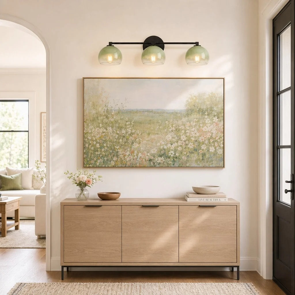 Aplique de pared con globos de cristal Valdina en un baño luminoso – imagen 14